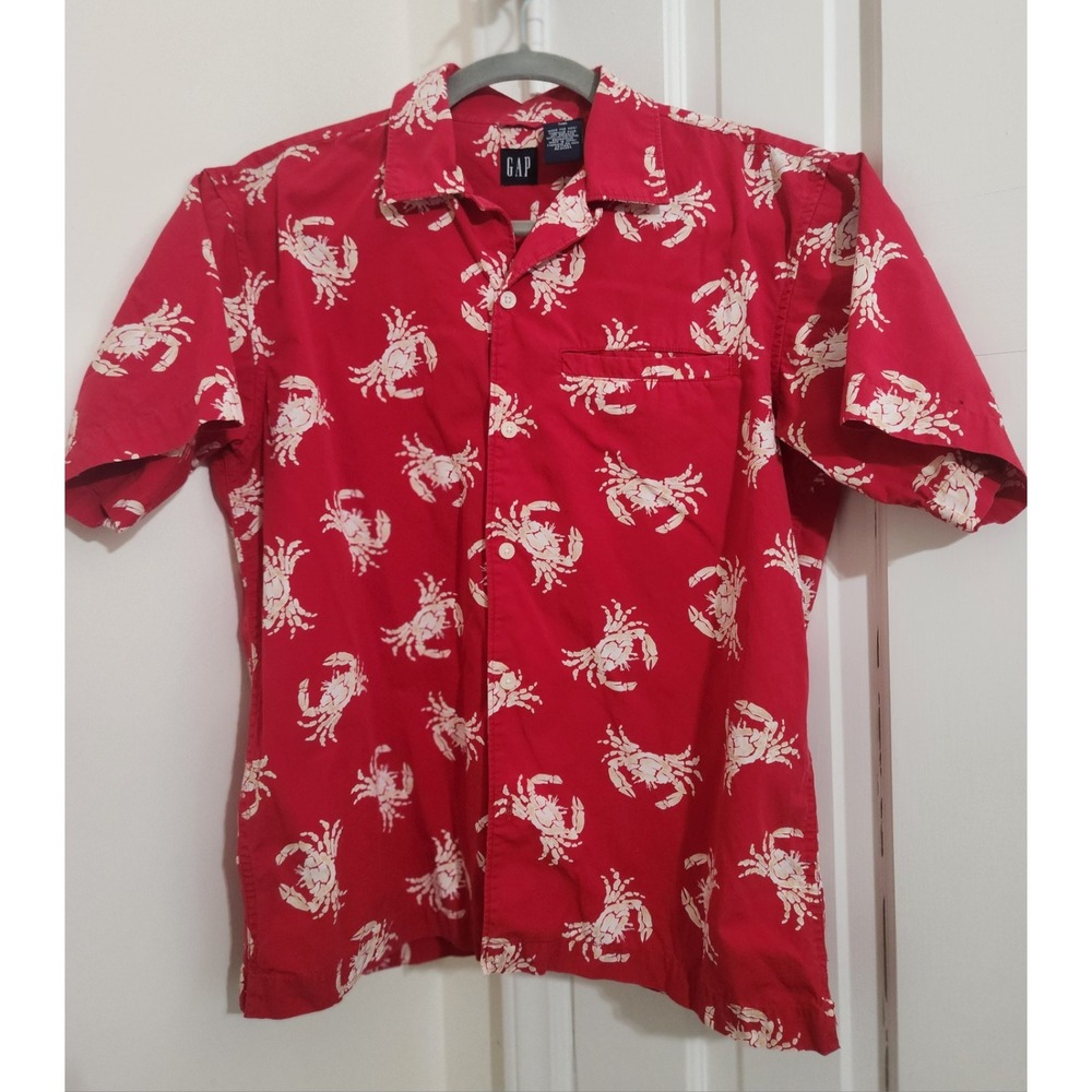 GAP Youth Boys Size‎ 10 Large Red Button Down Short Sleeve Shirt W/ White Crabs